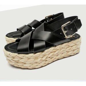 NWT Zara Black Leather Strappy Flatform Platform Sandals  40